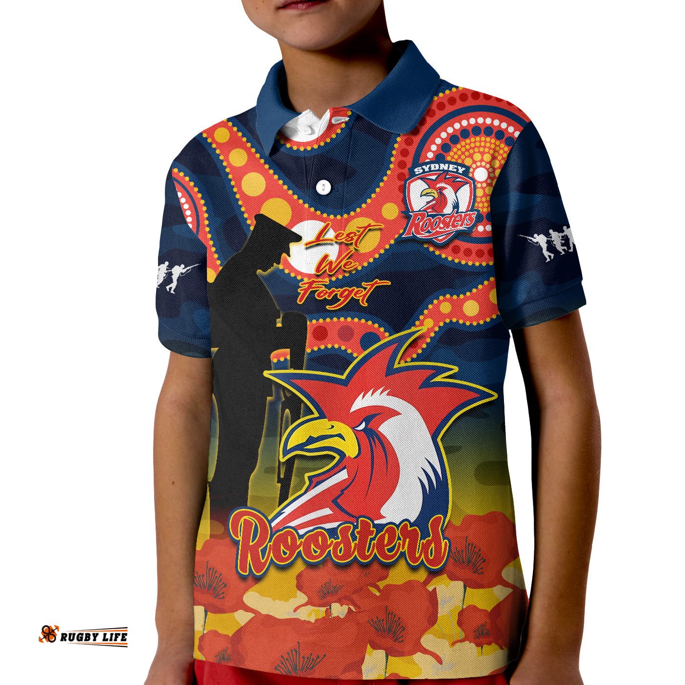 Custom Text And Number Roosters Rugby ANZACPolo Shirt KID Dots Poppy Mix Camouflage Lest We Forget