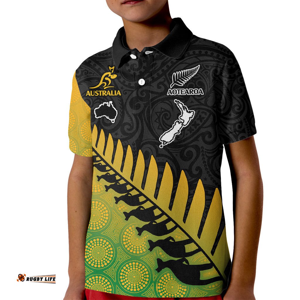 Custom Australia Wallabies and Aotearoa Rugby Kid Polo Shirt Kangaroo Black Fern Maori Gradient Vibe
