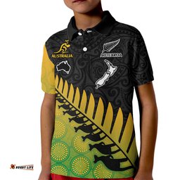 Custom Australia Wallabies and Aotearoa Rugby Kid Polo Shirt Kangaroo Black Fern Maori Gradient Vibe