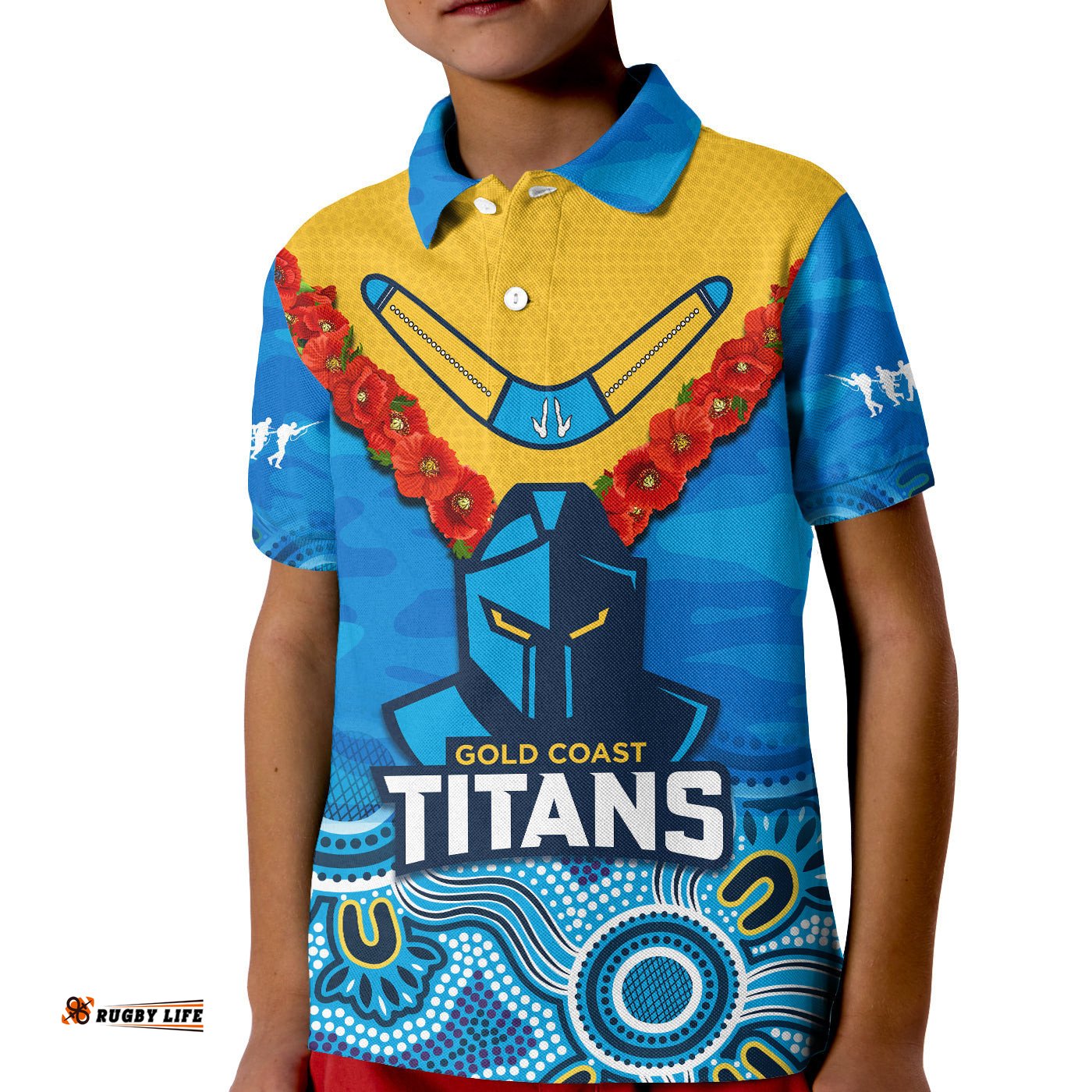 Custom Text And Number Titans ANZACPolo Shirt KID Camouflage Poppy Mix Aboriginal