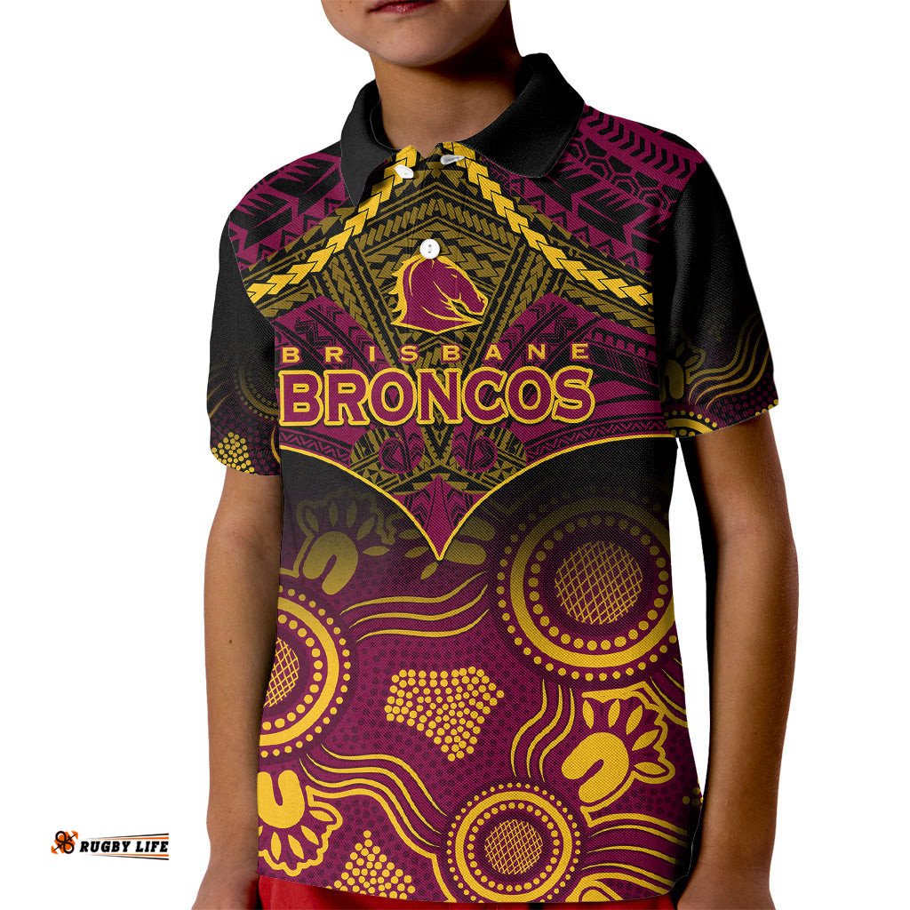 Personalised Brisbane Rugby Kid Polo Shirt Brisbane 1987 Aboriginal Mix Polynesian Pattern