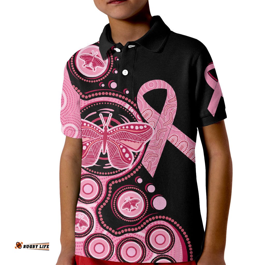 Australia Indigenous Kid Polo Shirt Breast Cancer Ribbon Butterfly Aboriginal Arts