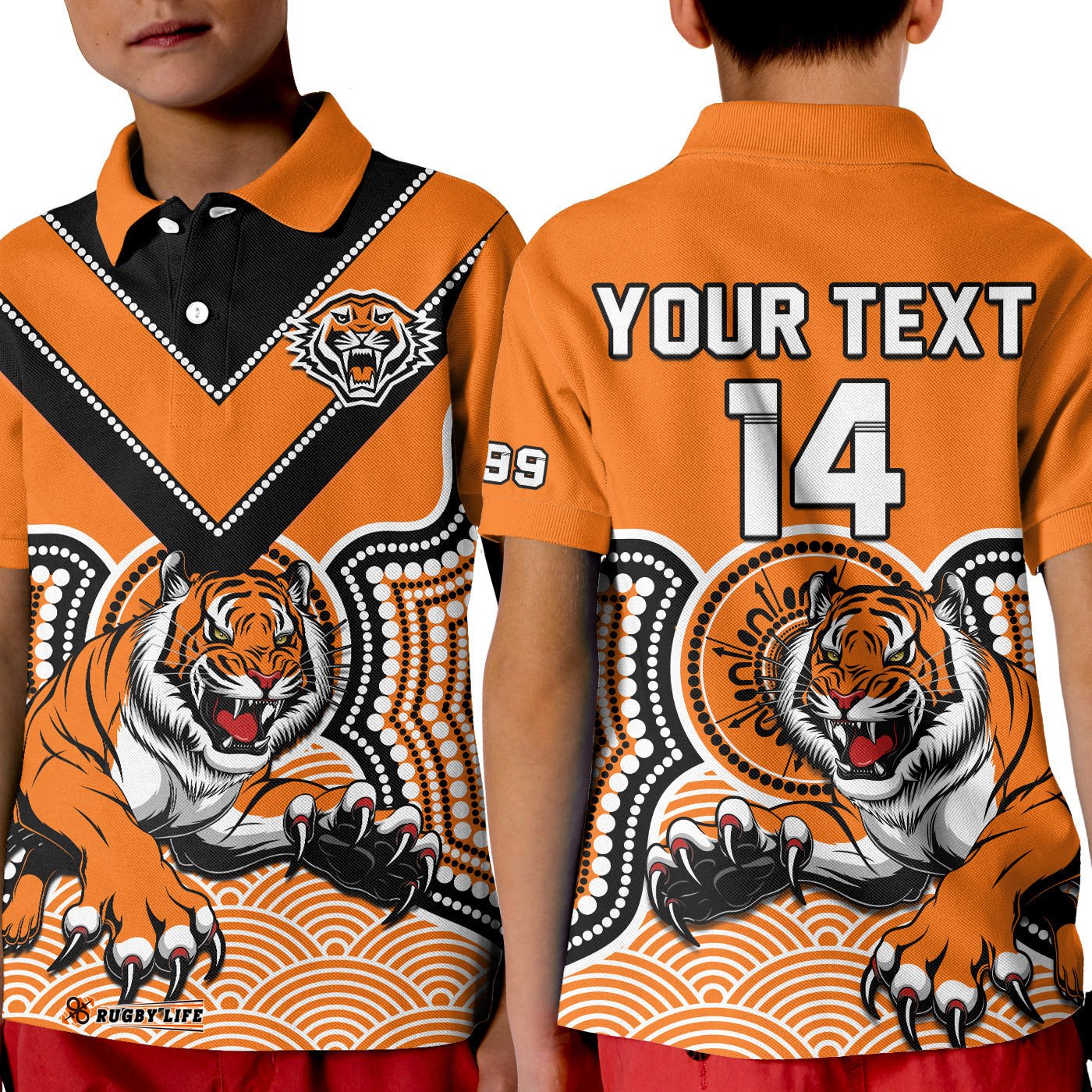 Custom Text And Number Wests Tigers Rugby Polo Shirt KID Indigenous Artsy
