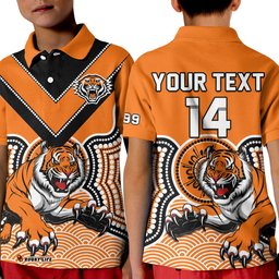 Custom Text And Number Wests Tigers Rugby Polo Shirt KID Indigenous Artsy