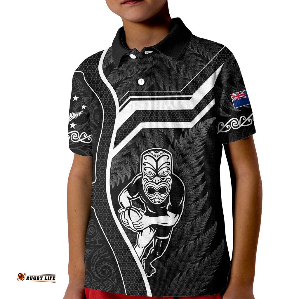 New Zealand Aotearoa Rugby Kid Polo Shirt Black Fern Maori Tribal Sporty Style