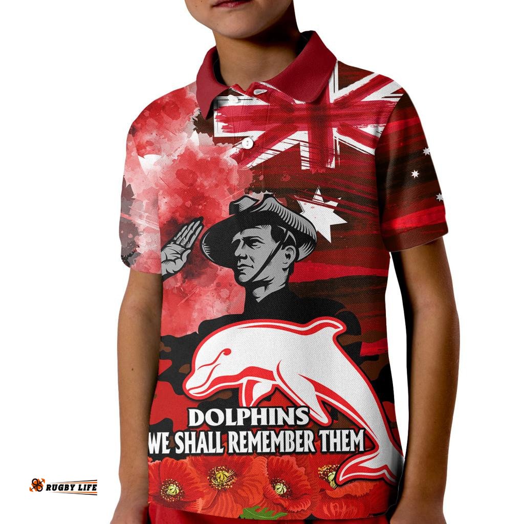 Custom Personalised ANZAC Dolphins Rugby Kid Polo Shirt We Shall Remember
