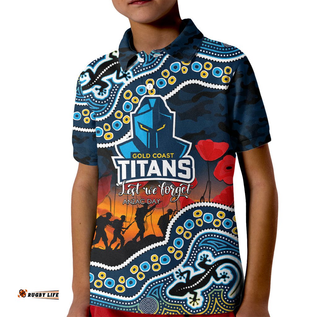 Custom Personalised Anzac Day NRL - Titans Kid Polo Shirt Aboriginal Lizard Patterns