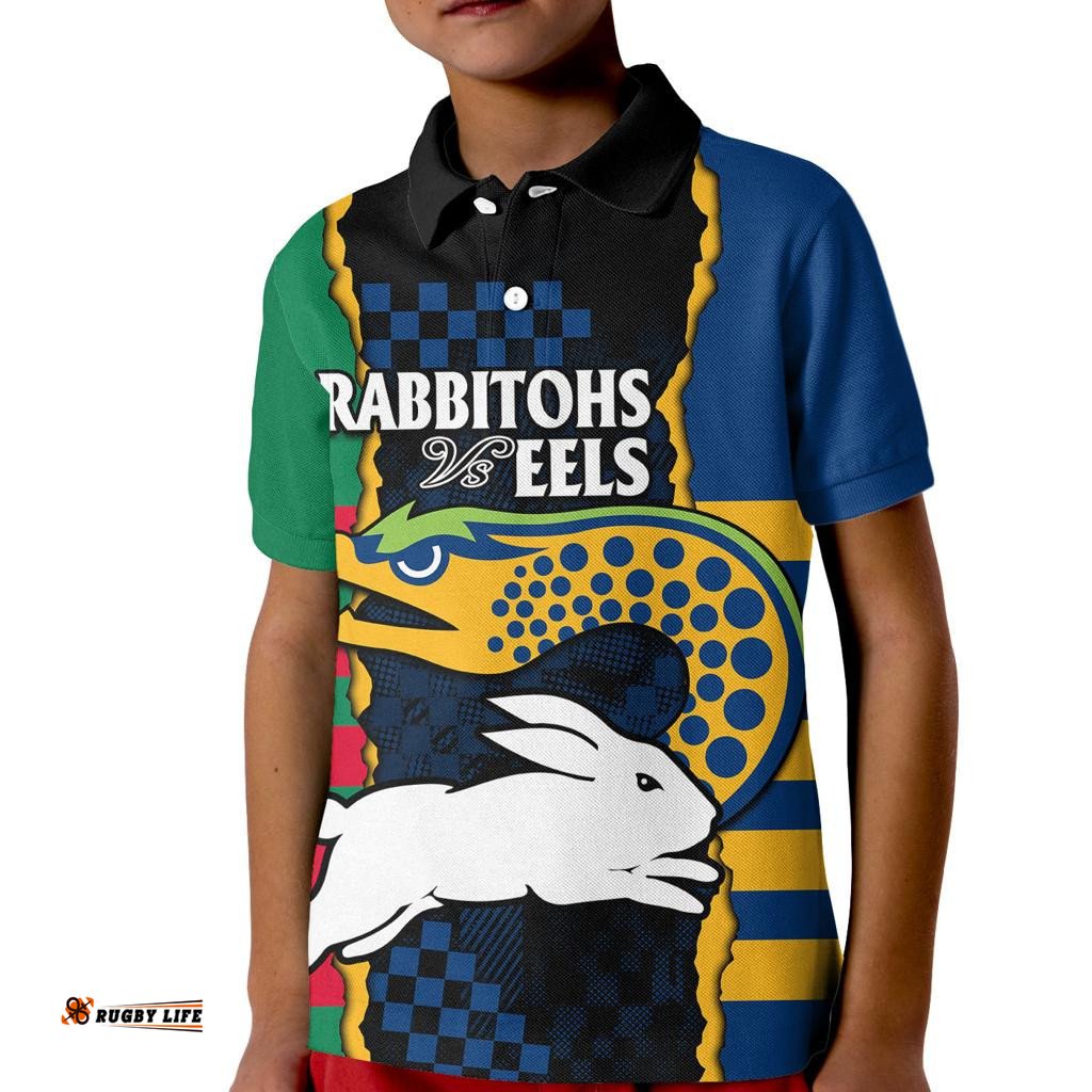 Custom Text And Number NRL Combine Rabbitohs and Eels Kid Polo Shirt