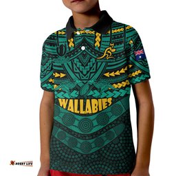 Custom Wallabies Rugby Kid Polo Shirt Polynesian and Aboriginal Special Green Version