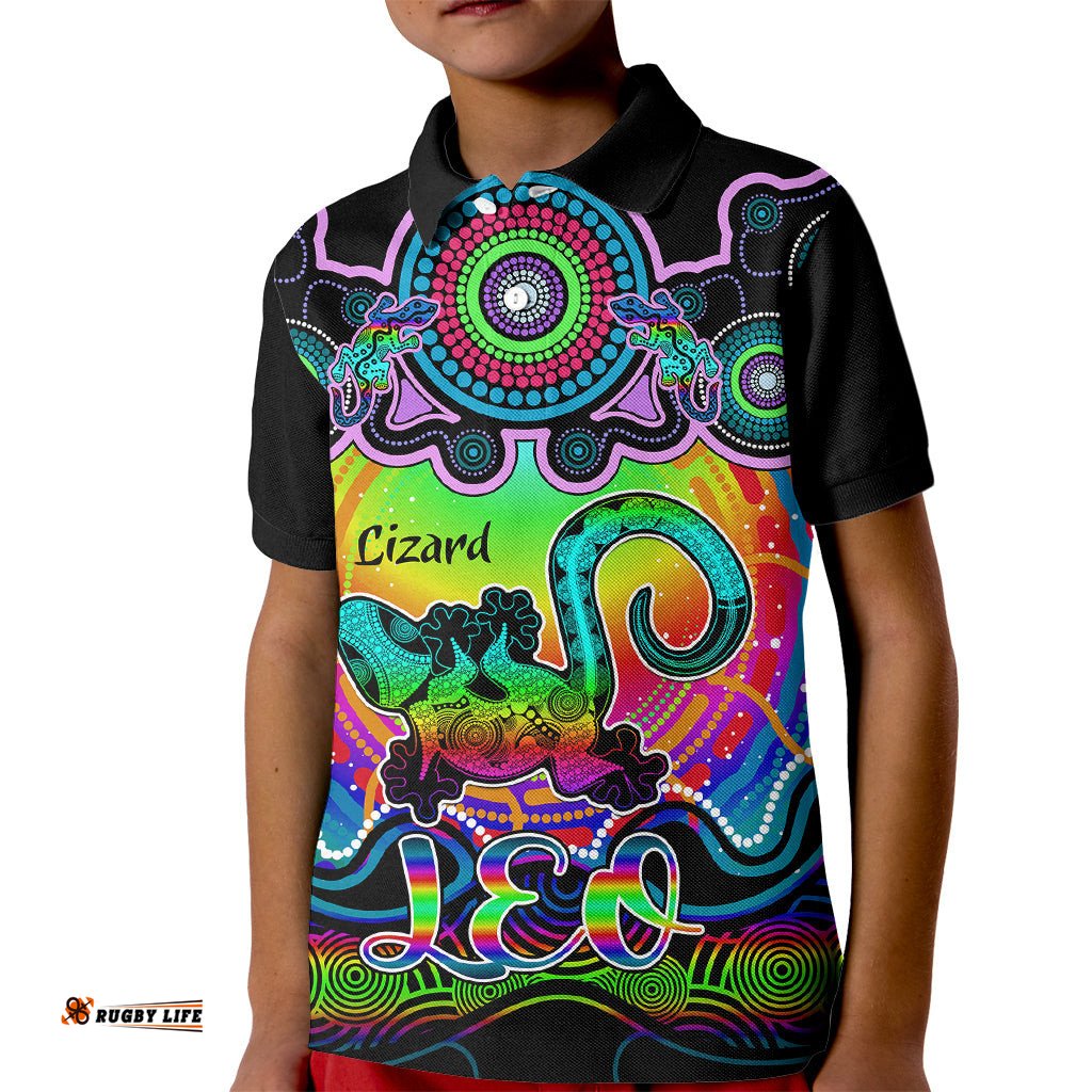 Personalised Australia Leo Lizard Zodiac Kid Polo Shirt Auz Astrology Aboriginal - Rainbow