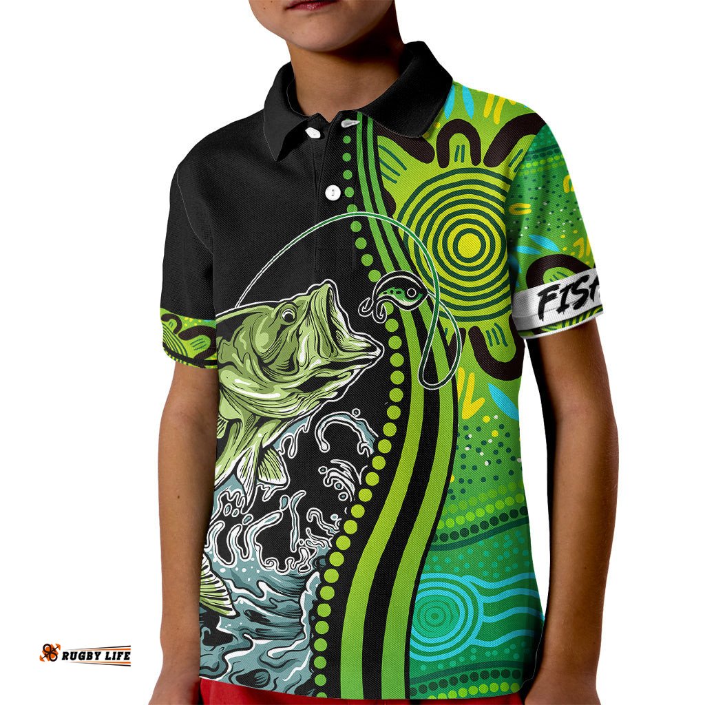 Australia Fishing Kid Polo Shirt Aboriginal Rise And Shine A Bass Fish Jumps Out Of Water And Aboriginal Patterns Inspired
