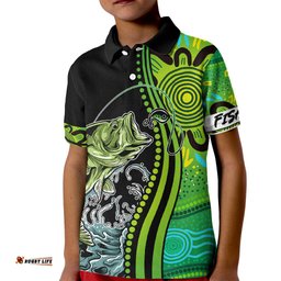 Australia Fishing Kid Polo Shirt Aboriginal Rise And Shine A Bass Fish Jumps Out Of Water And Aboriginal Patterns Inspired