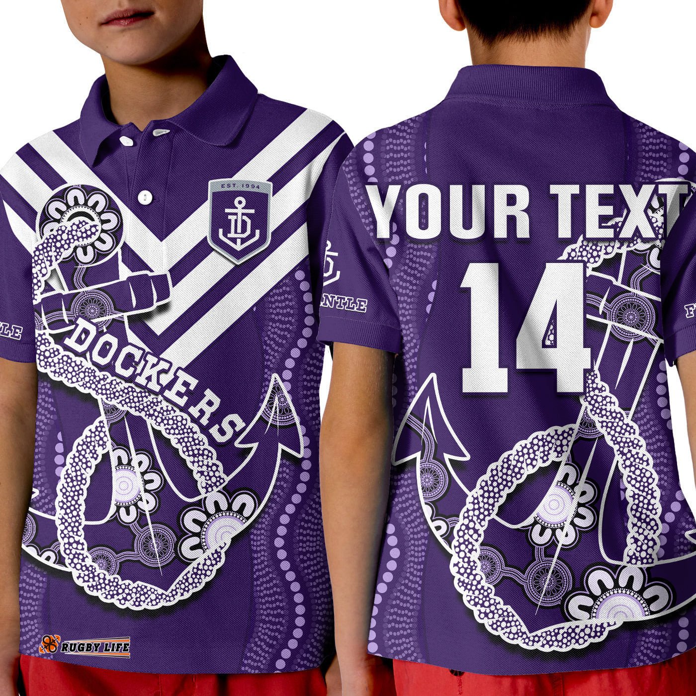 Custom Text And Number Dockers Football Polo Shirt KID Fremantle Anchor Mix Aboriginal Pattern Dynamic Style