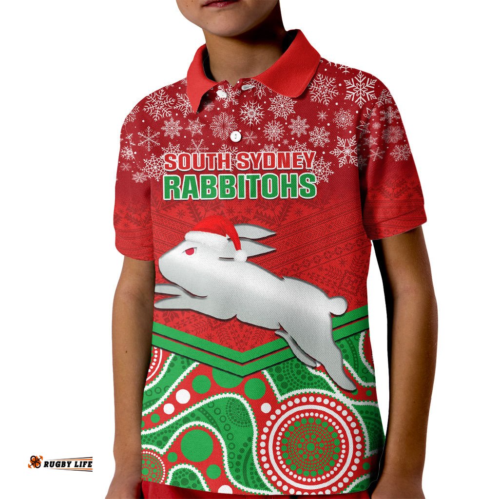 Custom Rabbitohs Rugby Christmas Kid Polo Shirt Merry XmasMix Aboriginal Art