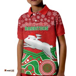 Custom Rabbitohs Rugby Christmas Kid Polo Shirt Merry XmasMix Aboriginal Art