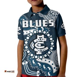 Custom Text And Number Carlton Football Polo Shirt KID Blues 1864 Boomerang Indigenous Artsy