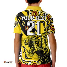 Custom Text And Number Richmond Tigers Football Kid Polo Shirt Angry Tiger Roaring Aboriginal Boomerang and Dots Art