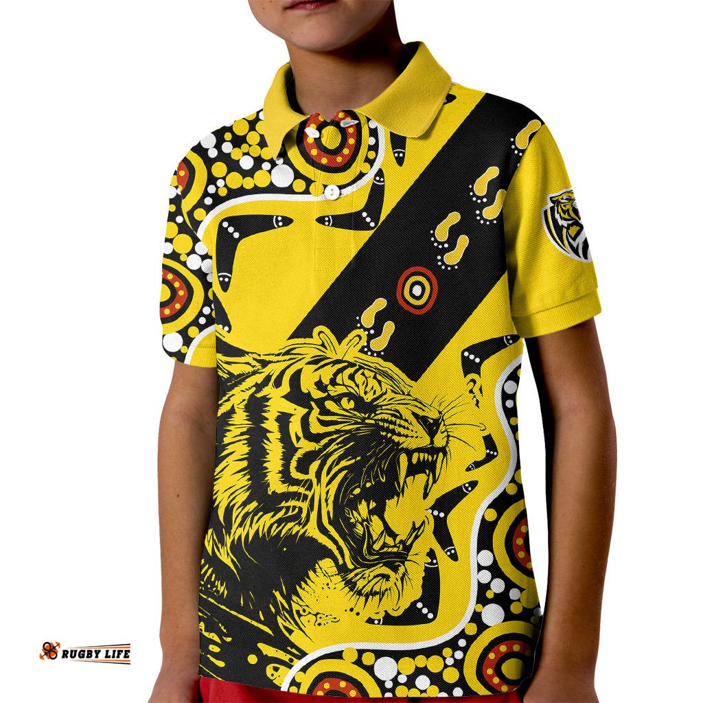 Custom Text And Number Richmond Tigers Football Kid Polo Shirt Angry Tiger Roaring Aboriginal Boomerang and Dots Art