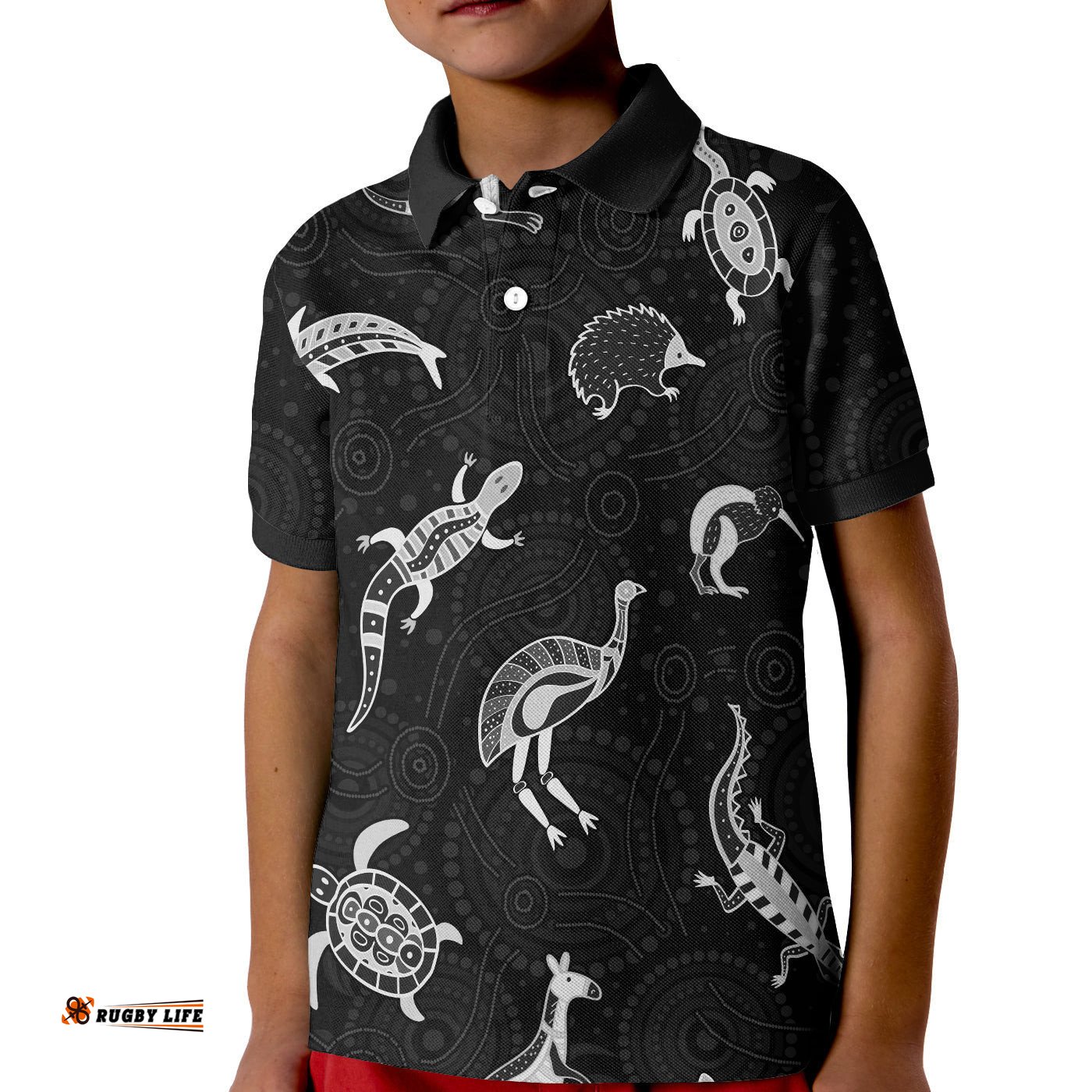 Aboriginal Art Polo Shirt KID Animals Australia Version Black