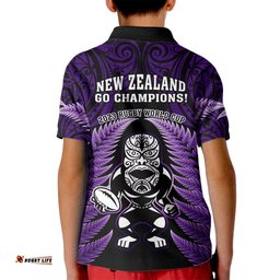 New Zealand Aotearoa Rugby Kid Polo Shirt NZ Tiki With Maori Fern World Cup Purple Version