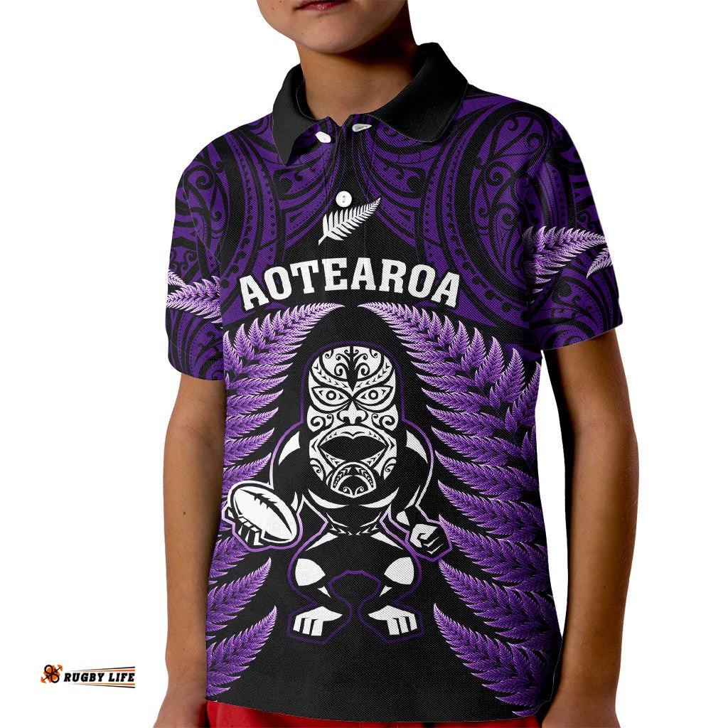 New Zealand Aotearoa Rugby Kid Polo Shirt NZ Tiki With Maori Fern World Cup Purple Version