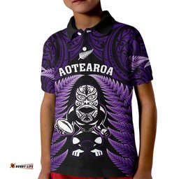 New Zealand Aotearoa Rugby Kid Polo Shirt NZ Tiki With Maori Fern World Cup Purple Version