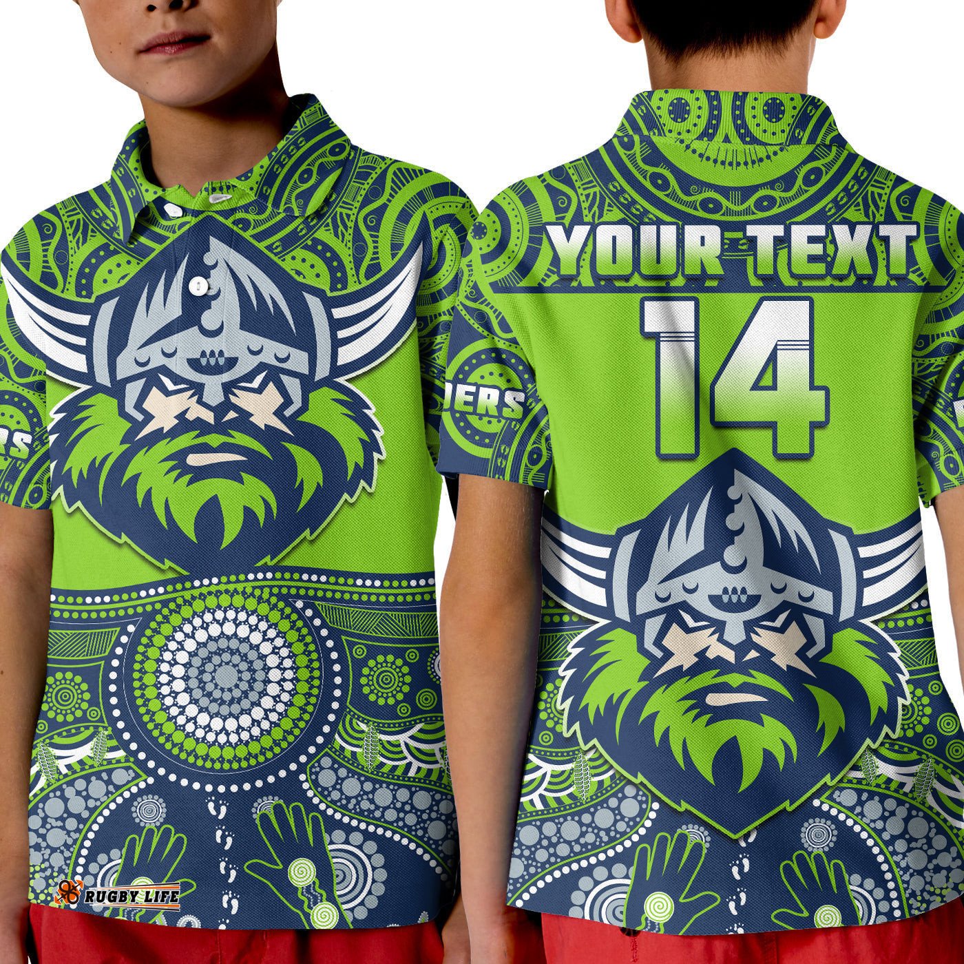 Custom Text And Number Raiders Rugby Polo Shirt KID Aboriginal Pattern