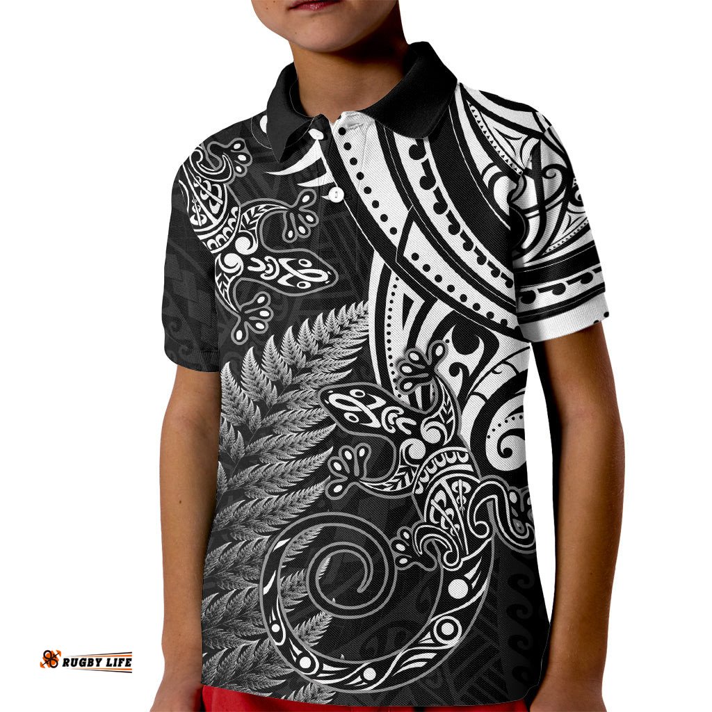 New Zealand Lizard Kid Polo Shirt Silver Fern Aotearoa Maori