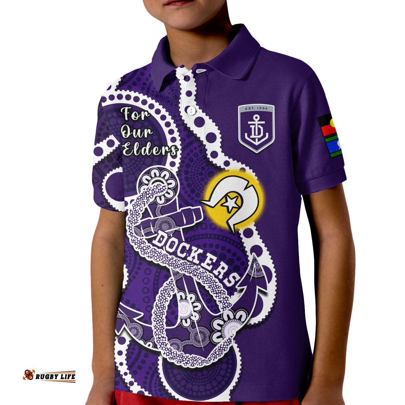 Custom Text And Number Fremantle Football NAIDOCPolo Shirt KID Dockers For Our Elders Indigenous Art