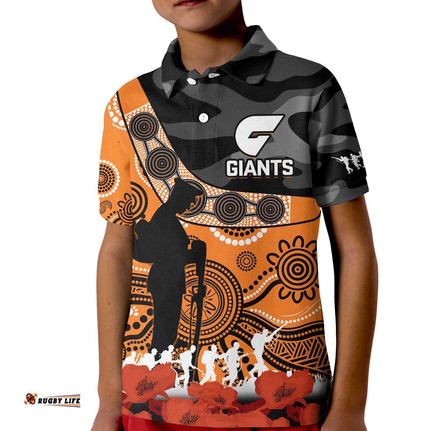 Giants Football ANZACPolo Shirt KID GWS Aboriginal Mix Poppy Camouflage