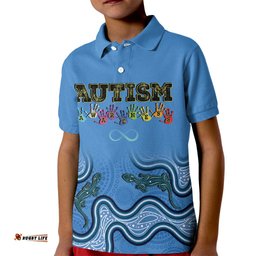 Australia Autism Awareness Kid Polo Shirt In April We Wear Blue Aboriginal Lizard