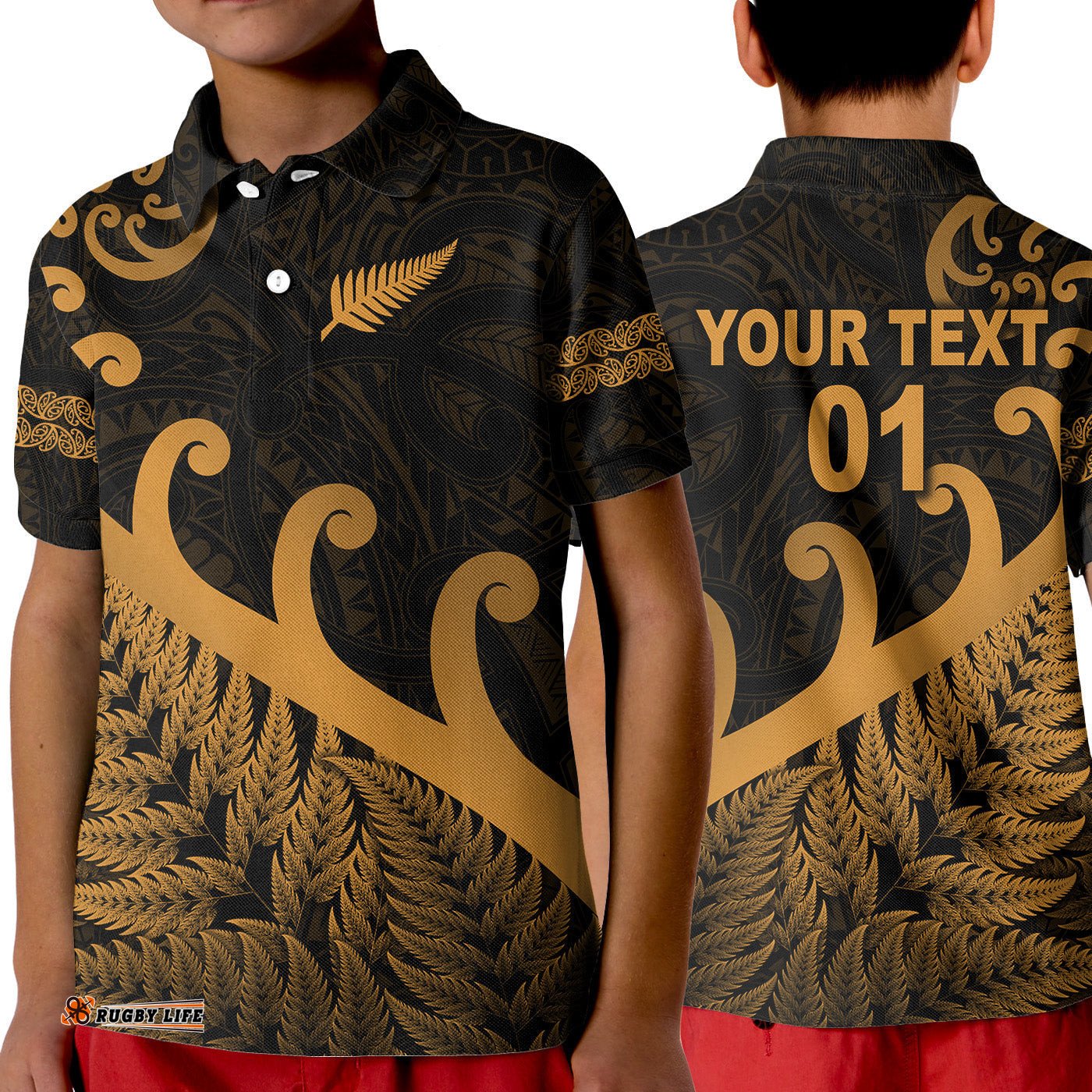 Custom Personalised New Zealand Rugby Maori Polo Shirt KID Silver Fern Koru Vibes - Gold