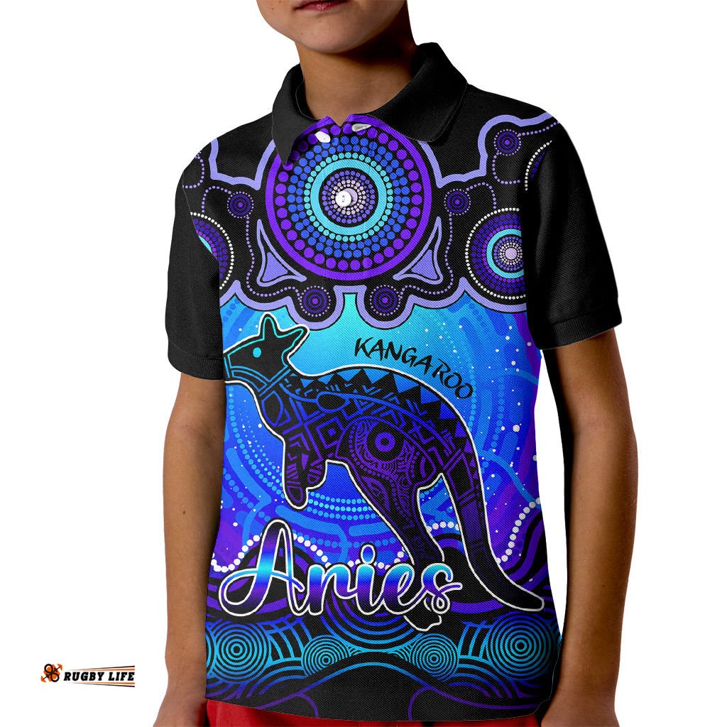 Personalised Australia Aries Kangaroo Zodiac Kid Polo Shirt Auz Astrology Aboriginal - Blue