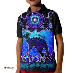 Personalised Australia Aries Kangaroo Zodiac Kid Polo Shirt Auz Astrology Aboriginal - Blue