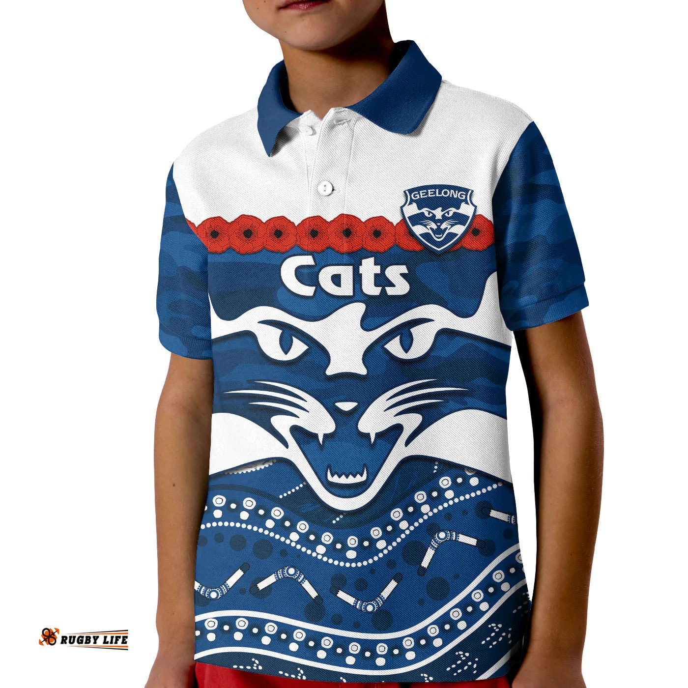 Cats Football ANZAC Polo Shirt KID Geelong Camouflage Poppy Mix Aboriginal