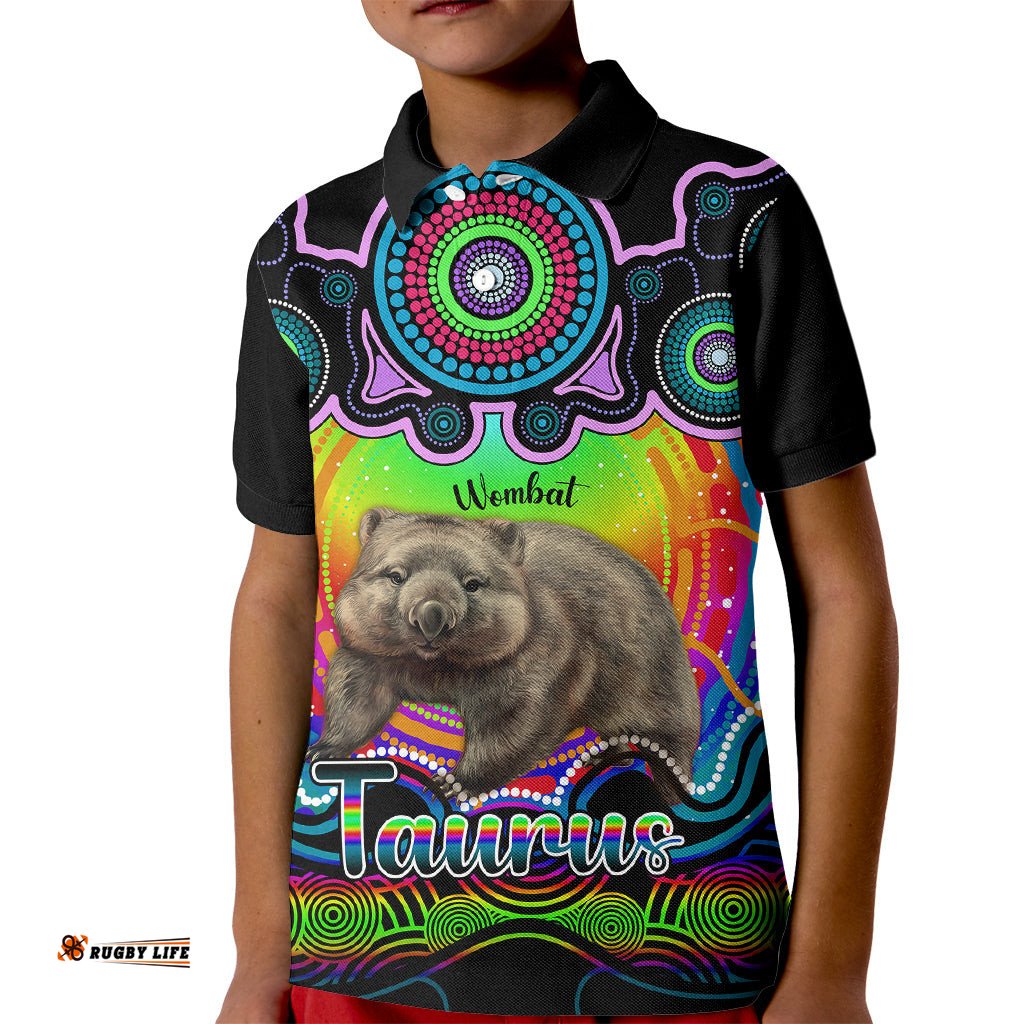 Personalised Australia Taurus Wombat Zodiac Kid Polo Shirt Auz Astrology Aboriginal - Rainbow