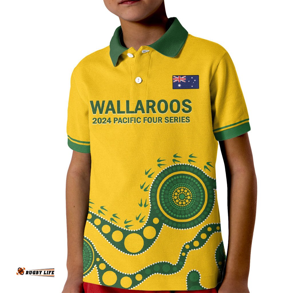 Custom Australia Rugby Kid Polo Shirt Go Wallaroos 2024 Pacific Aboriginal Art