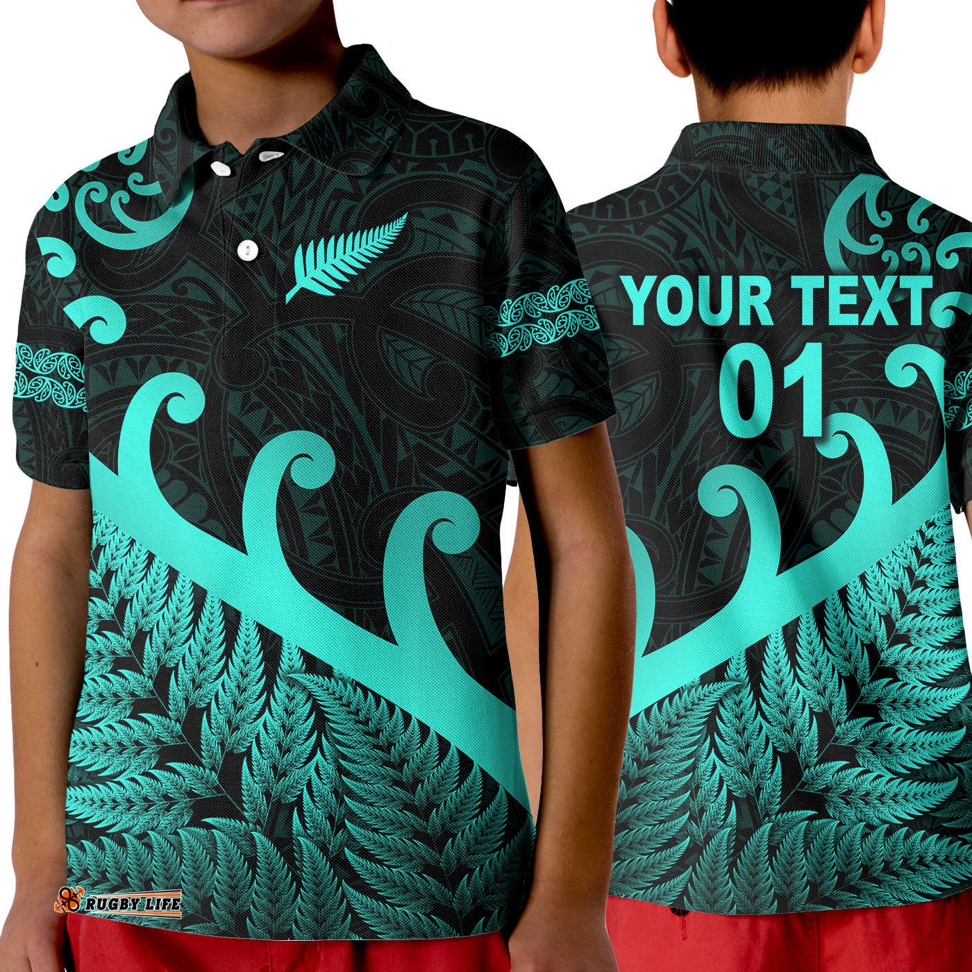 Custom Personalised New Zealand Rugby Maori Polo Shirt KID Silver Fern Koru Vibes - Turquoise