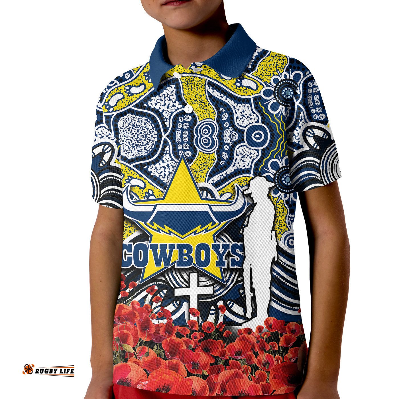 Cowboys Polo Shirt KID Anzac Day Poppy Flowers With Aboriginal