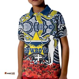 Cowboys Polo Shirt KID Anzac Day Poppy Flowers With Aboriginal