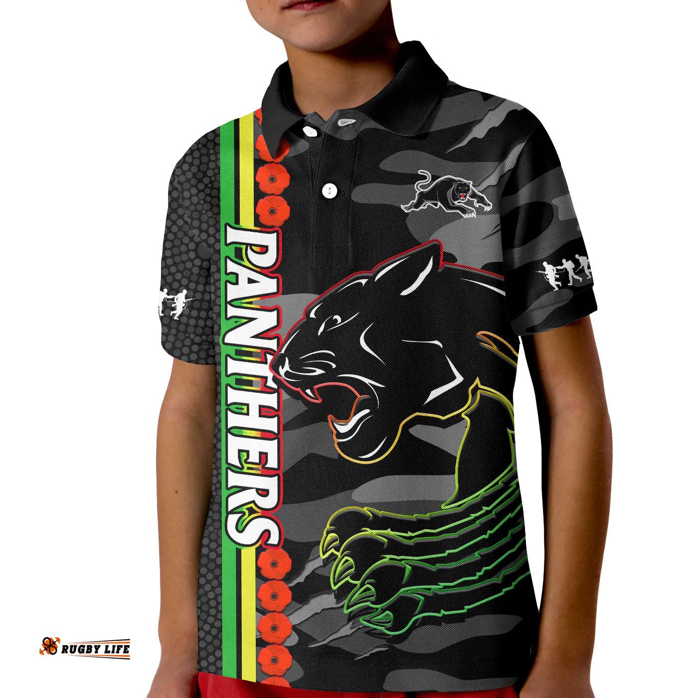 Panthers Rugby ANZAC Polo Shirt KID Aboriginal Mix Poppy Camouflage Black