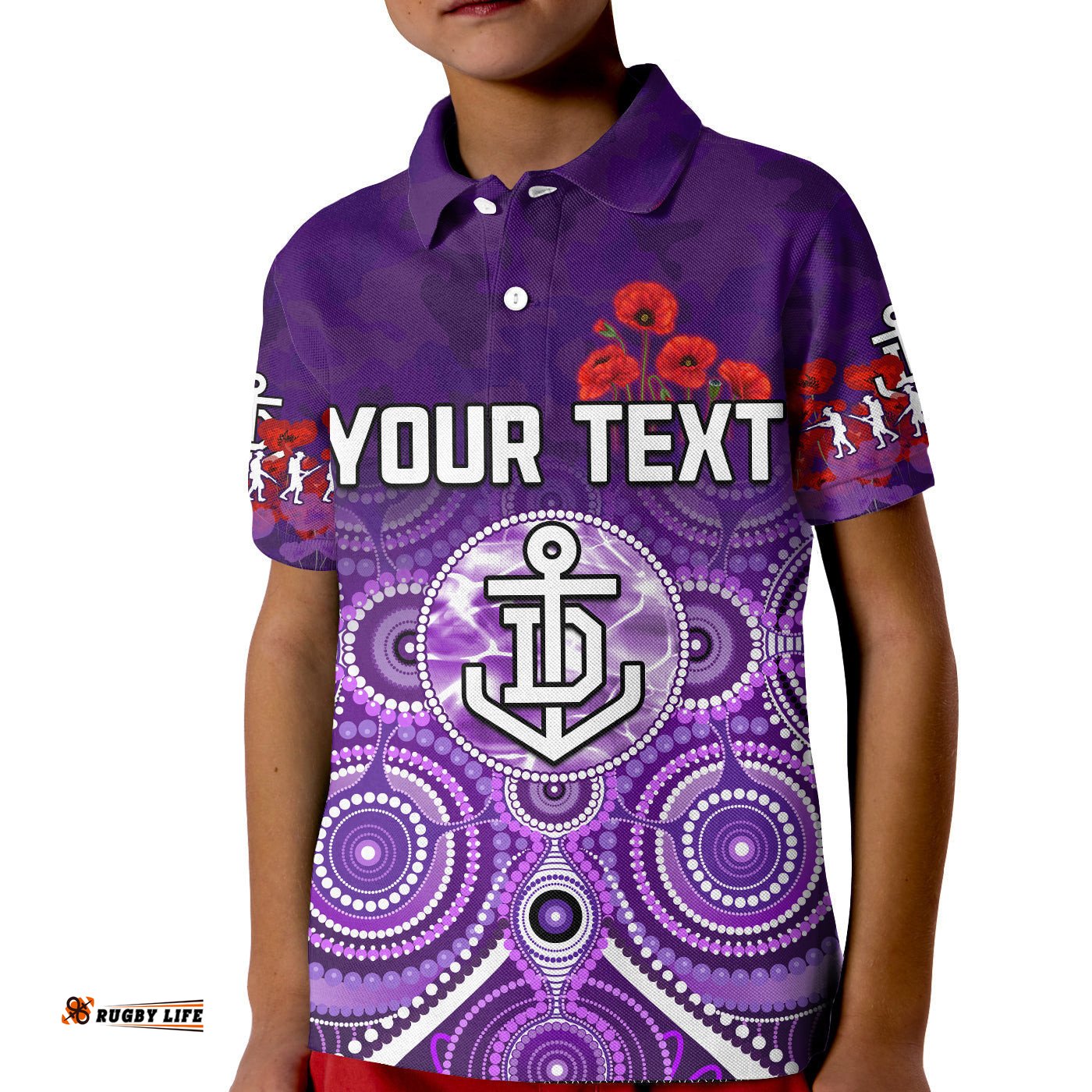Custom Personalised Dockers AnzacPolo Shirt KID Fremantle Football Aboriginal Poppy Flowers
