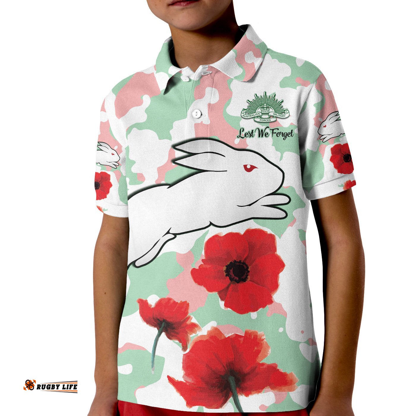 Rabbitohs Anzac Day Polo Shirt KID Poppies Aboriginal Proud Soldiers