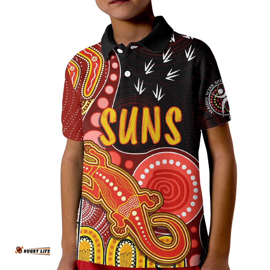 Personalised NAIDOC WeekAFL Suns Kid Polo Shirt Aboriginal Dot Art Lizard Mix Boomerang