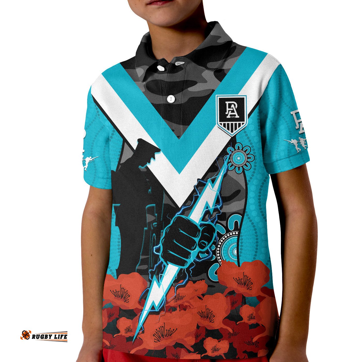 Custom Text And Number Port Adelaide Football ANZACPolo Shirt KID Power Aboriginal Mix Poppy Camouflage