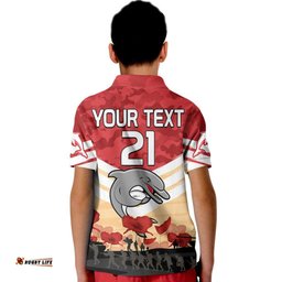 Custom Text And Number Redcliffe Dolphins Rugby ANZAC Kid Polo Shirt We Will Remember
