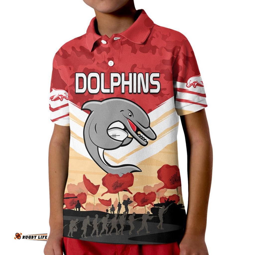 Custom Text And Number Redcliffe Dolphins Rugby ANZAC Kid Polo Shirt We Will Remember