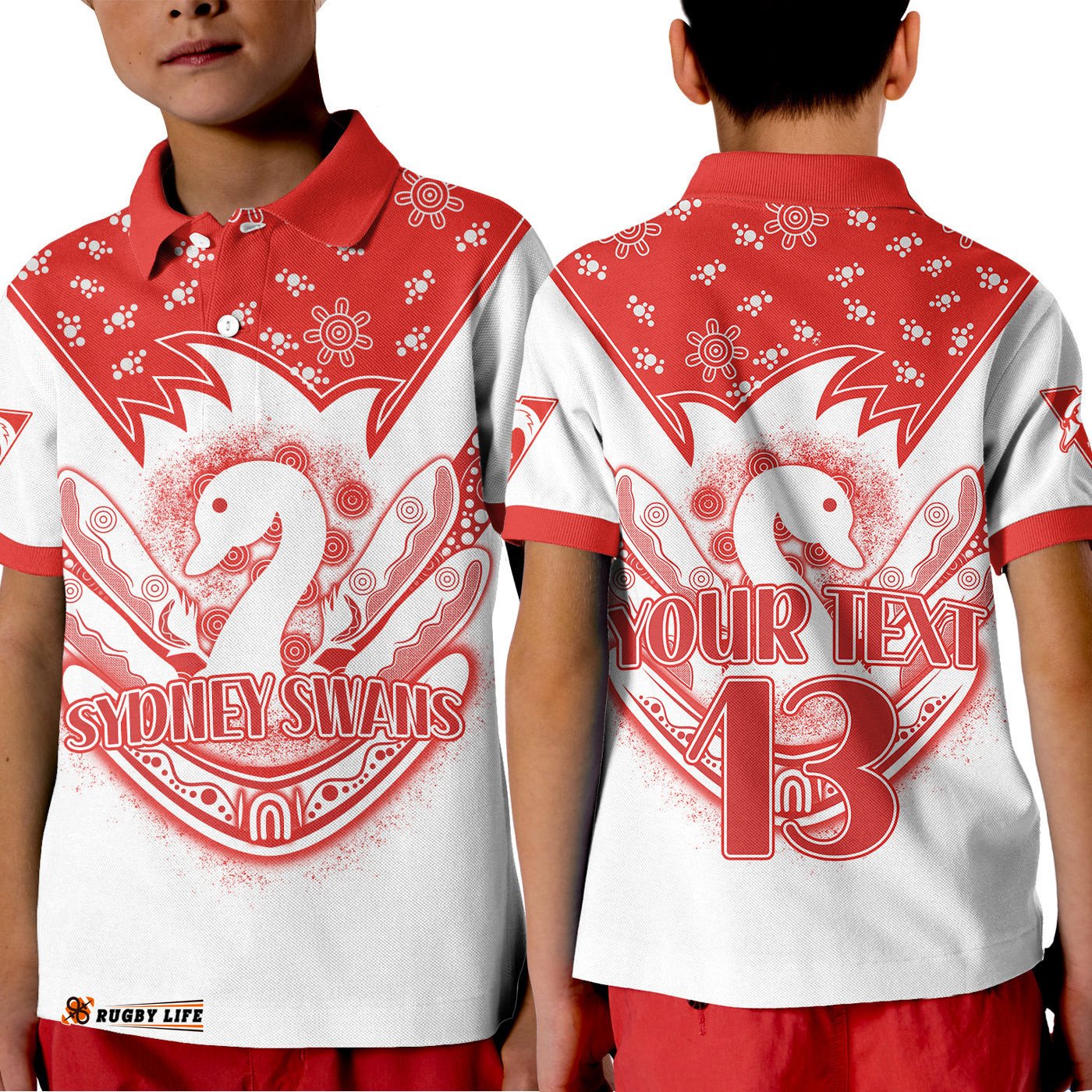 Custom Text and Number Swans Football Polo Shirt KID Est 1874 Aboriginal Boomerang Sydney Bloods