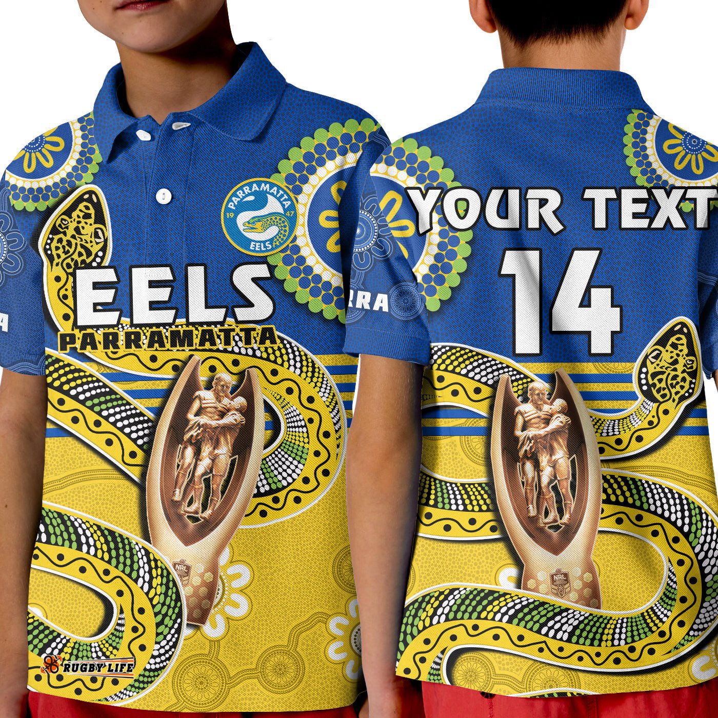 Custom Text And Number Eels Rugby Polo Shirt KID ParraIndigenous Proud Premiers