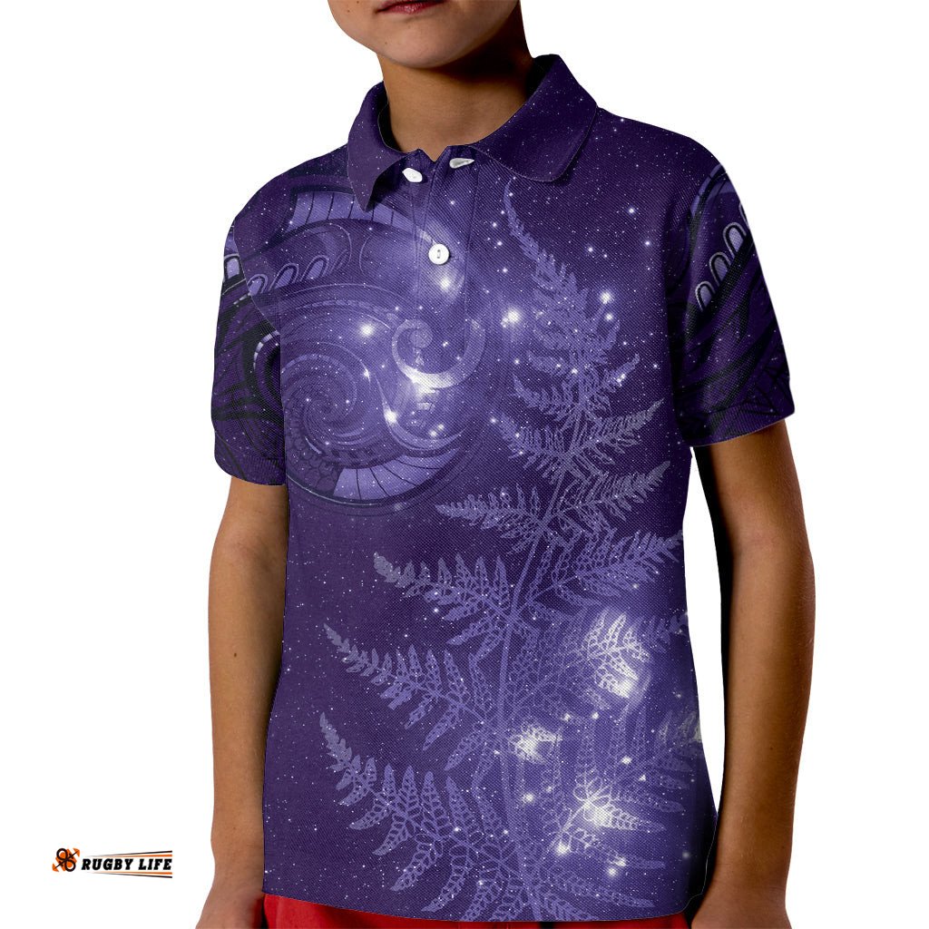 New Zealand Matariki Kid Polo Shirt Purple Milky Way Stars Night Sky